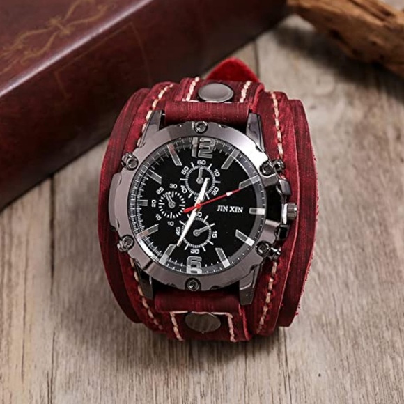 Men’s Wristwatch Vintage Red Leather Cuff Watch‎ Analog Quartz Watch Old School - Picture 1 of 12